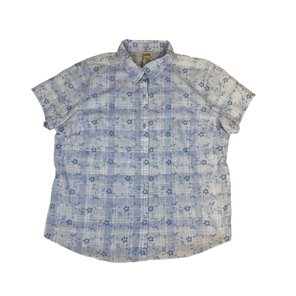 Classic Elements XL Shirt Cottagecore Plaid Cotton Blend Floral Embroidery